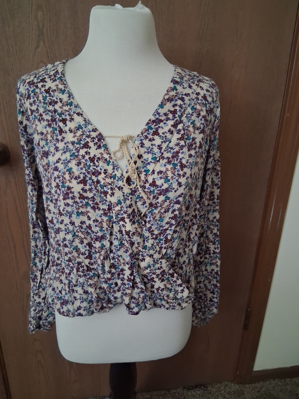 Mossimo Floral Lace-Up V-Neck Blouse in White and Purple